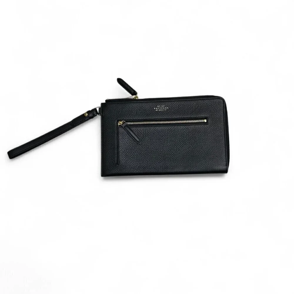 Smythson Men's Black Leather Panama Pochette Pouch, Wristlet - NWOT
